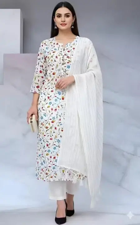 White printed women's cotton kurta set with matching pants and dupatta, featuring comfortable fabric and stylish design by Ekom.