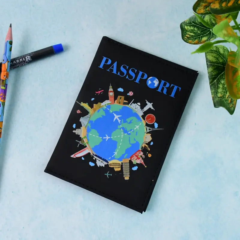 Ekom stylish printed passport holder cover with world map and landmark design for travel document organization, view of the colorful cover.