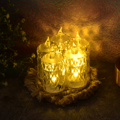 Six decorative LED crystal flameless candles in a home decor set by Wukusy, featuring elegant crystal designs and warm ambient lighting.