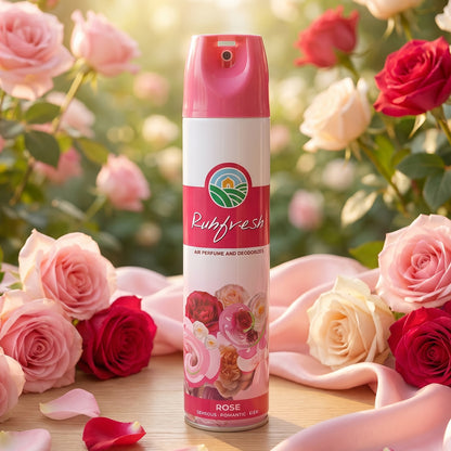 Wukusy Rose air freshener spray bottle, 220ml, with a floral rose scent, shown in a clear plastic spray bottle.