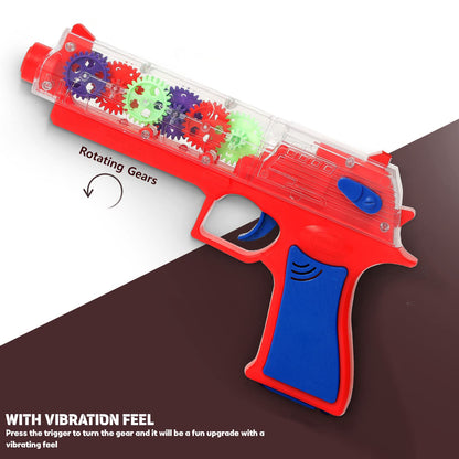 Wukusy 1941 Plastic Gear Simulation Toy Gun for kids with flashing lights, music, and rotating gear mechanism, suitable for ages 3+