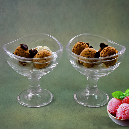 Two clear glass footed dessert bowls for ice cream, Wukusy brand, with elegant pedestal bases and smooth rounded rims.