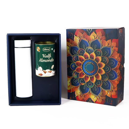 Wukusy Effete Kulfi Almonds Gift Hamper with golden accents and a bottle, featuring a two-piece set for home and kitchen use.