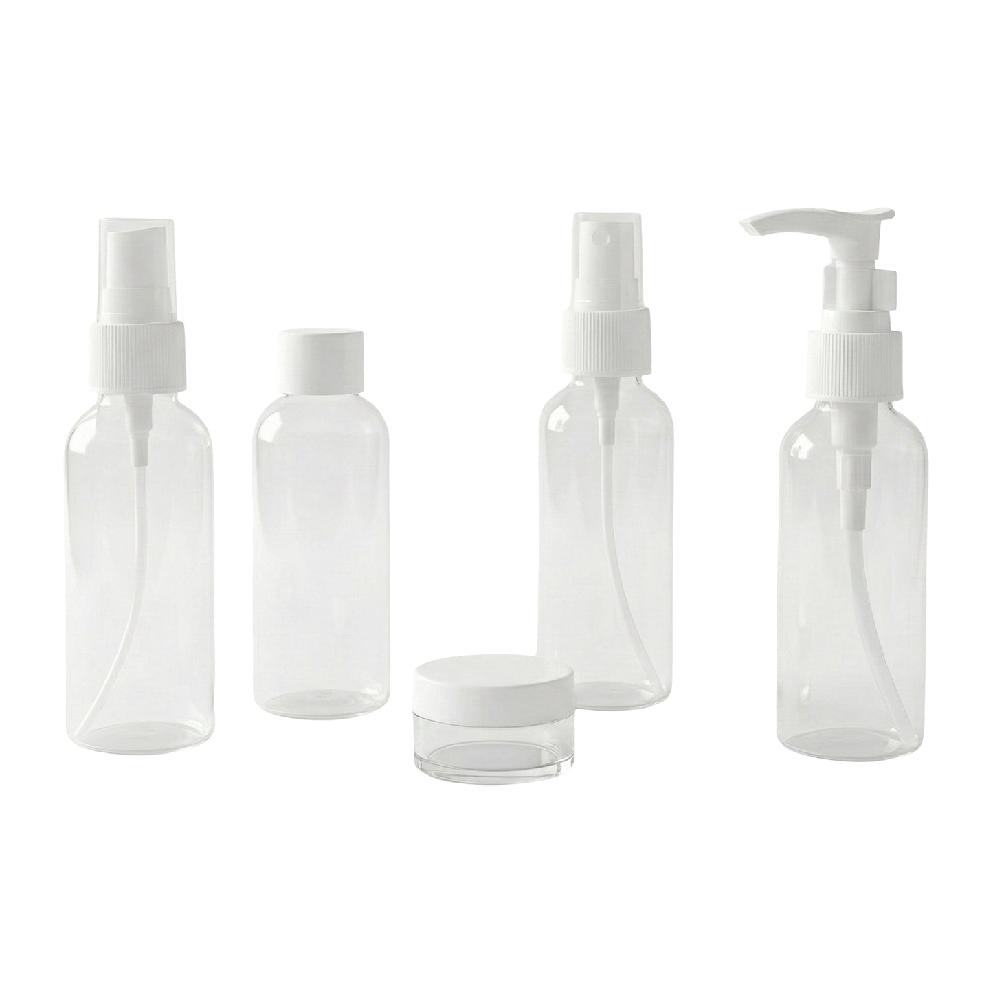 Wukusy 5-in-1 refillable travel cosmetic bottles set with clear containers and black caps for toiletries and skincare on the go.