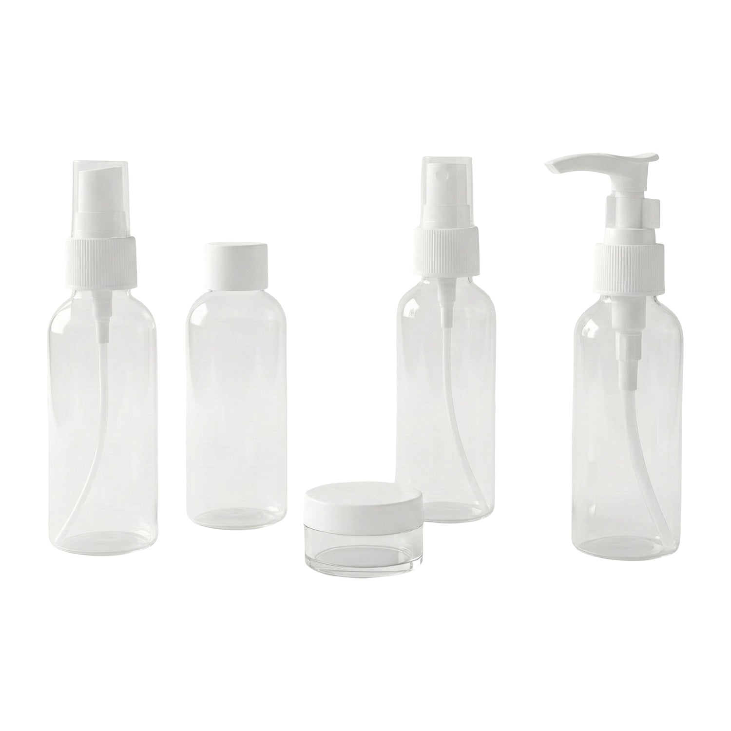 Wukusy 5-in-1 refillable travel cosmetic bottles set with clear containers and black caps for toiletries and skincare on the go.