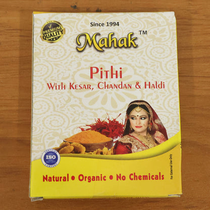Traditional Wukusy Mahak Pithi for face and body, 40g, showcasing the herbal powder in a clear container