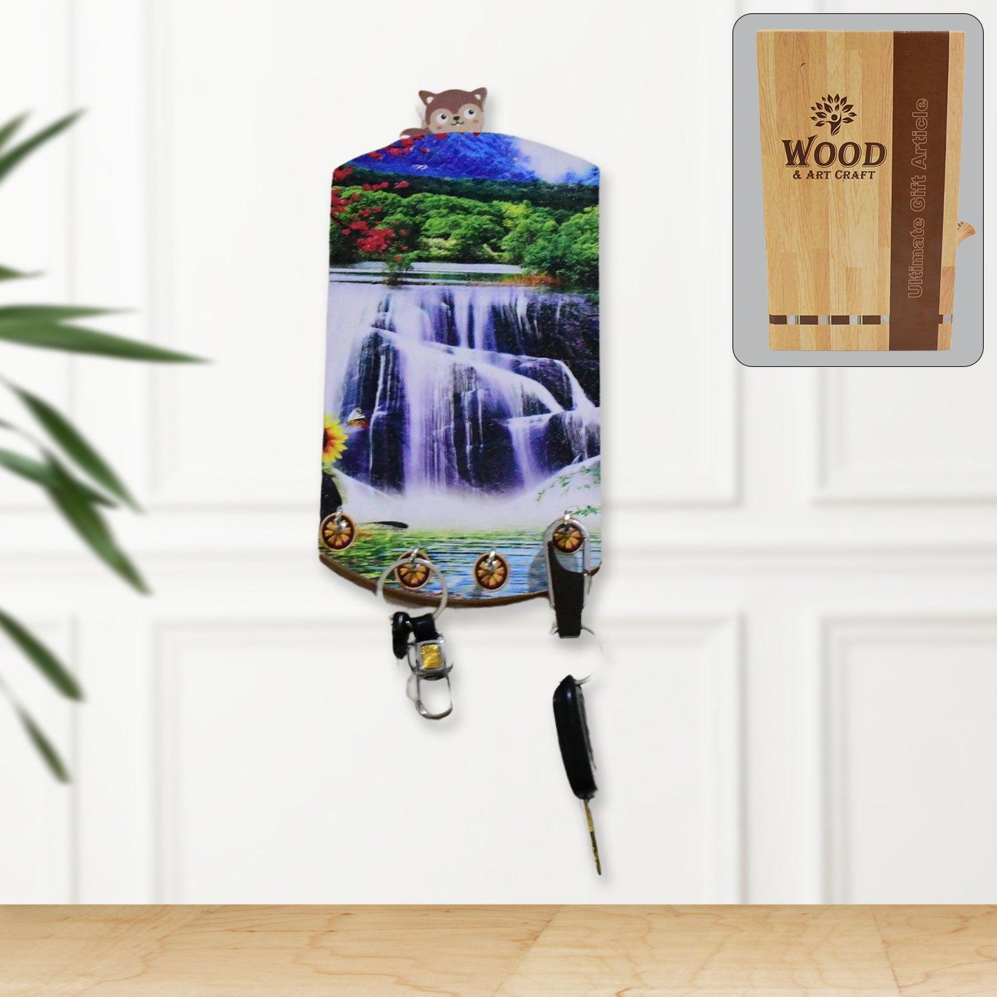 Decorative wooden vertical wall hanging with hooks, home decor piece by Wukusy featuring scenic design and natural wood finish.