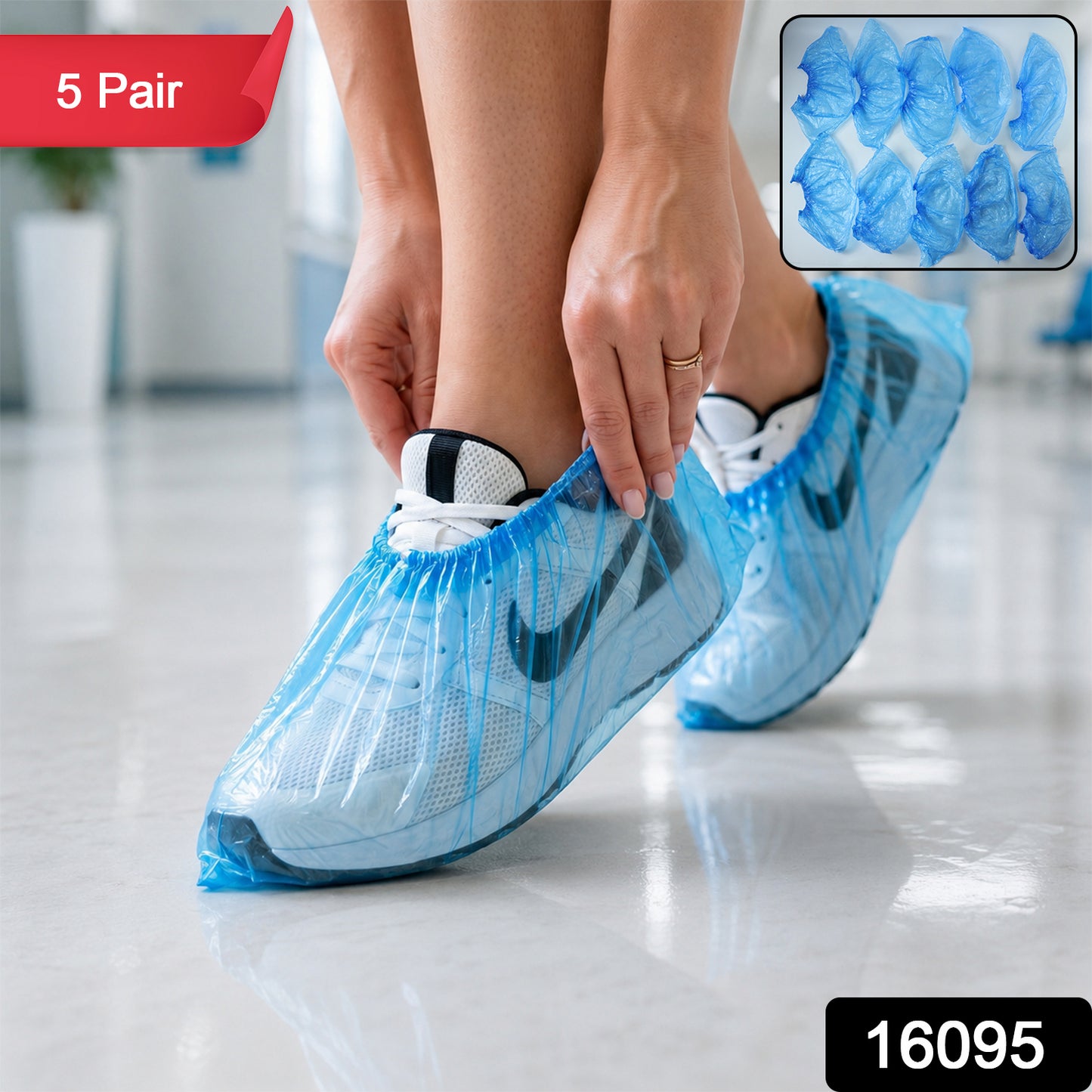 Set of five disposable plastic shoe covers with elastic fit by Wukusy, designed to protect footwear during cleanups or visits.
