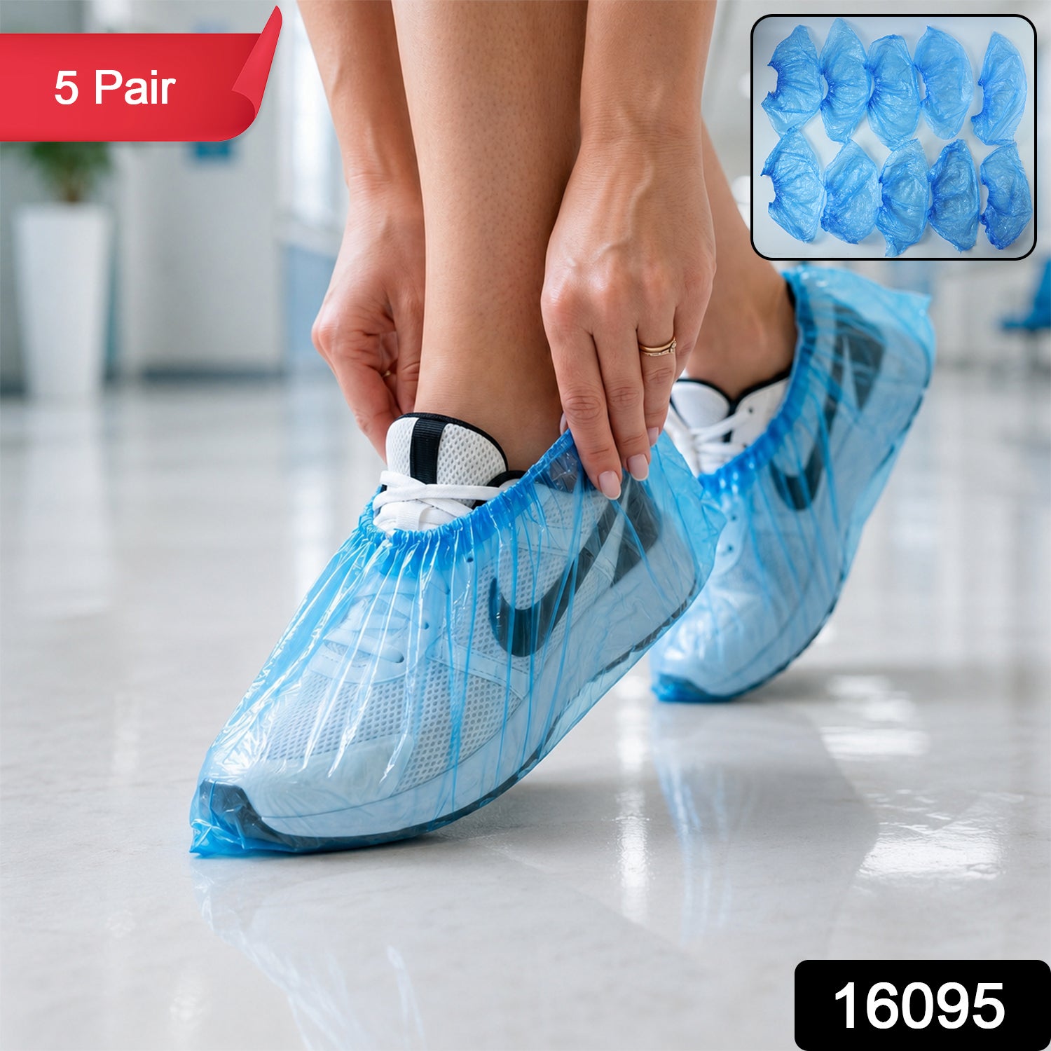 Set of five disposable plastic shoe covers with elastic fit by Wukusy, designed to protect footwear during cleanups or visits.