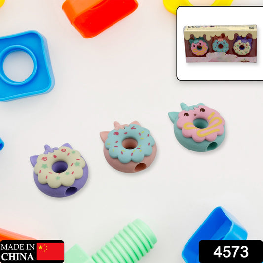 Set of three small cartoon-themed donut erasers from Wukusy, non-toxic stationery for kids, boys, and girls, ideal for gifts.