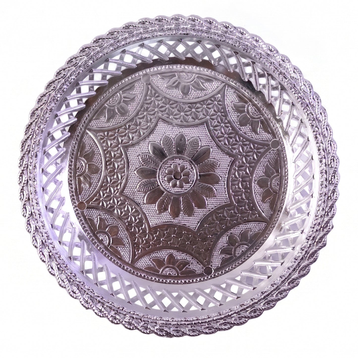Decorative silver round serving tray with elegant floral design by Wukusy, showcasing intricate floral patterns and a polished finish.