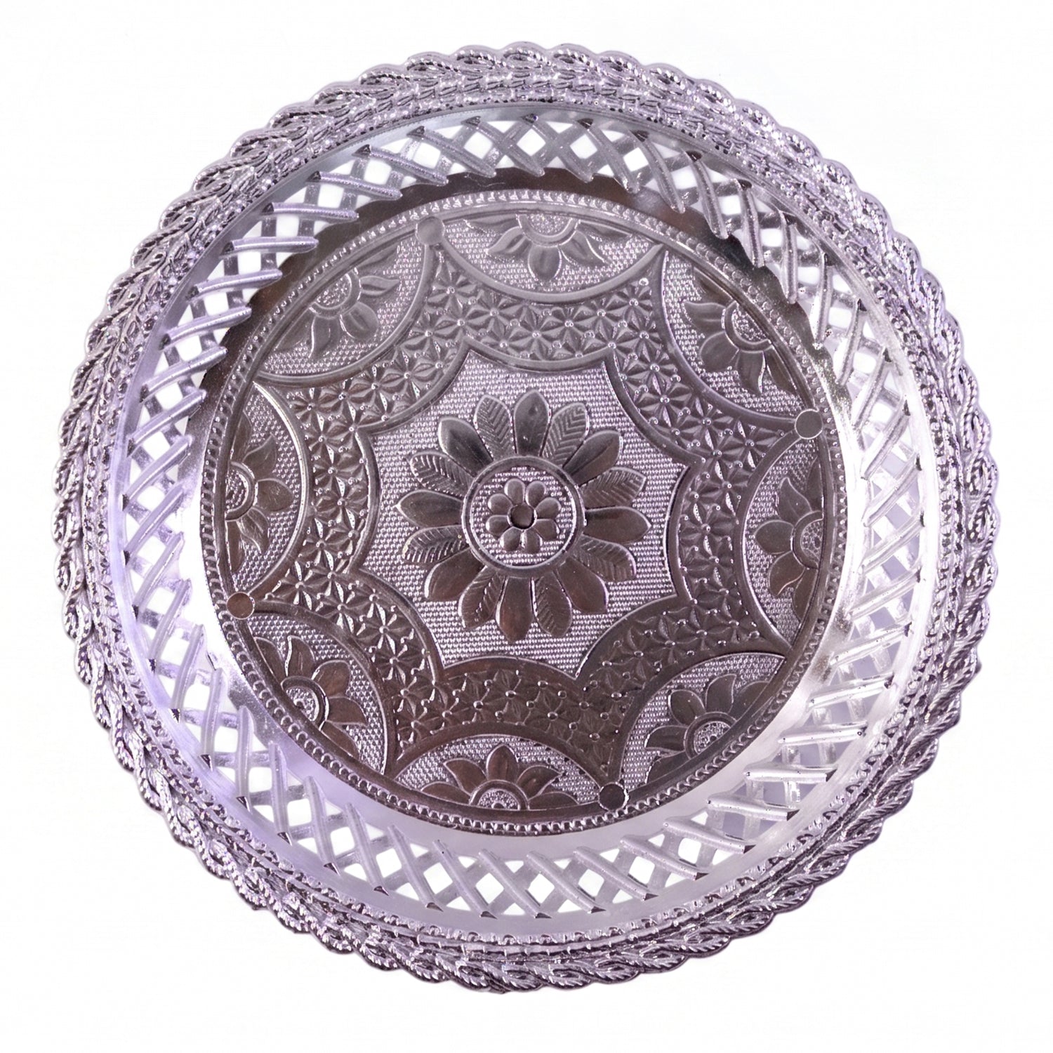 Decorative silver round serving tray with elegant floral design by Wukusy, showcasing intricate floral patterns and a polished finish.
