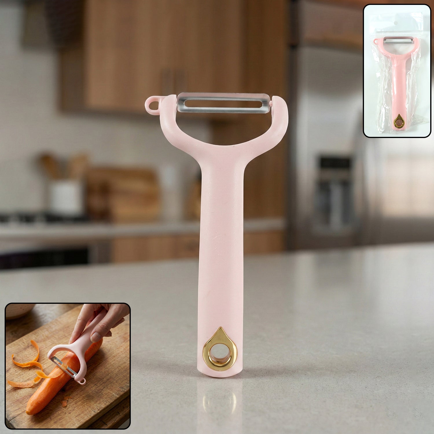 Wukusy handheld vegetable and fruit peeler showing a stainless steel blade peeling a carrot on a white background