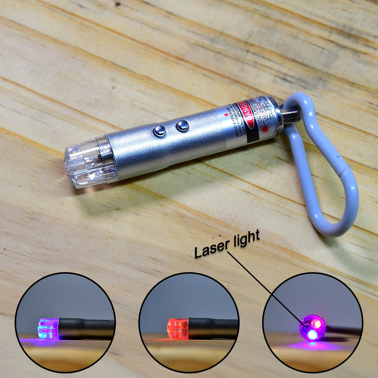 Wukusy 3-in-1 laser light, LED flashlight, and torch keychain with laser pointer, compact toy for kids and outdoor use.