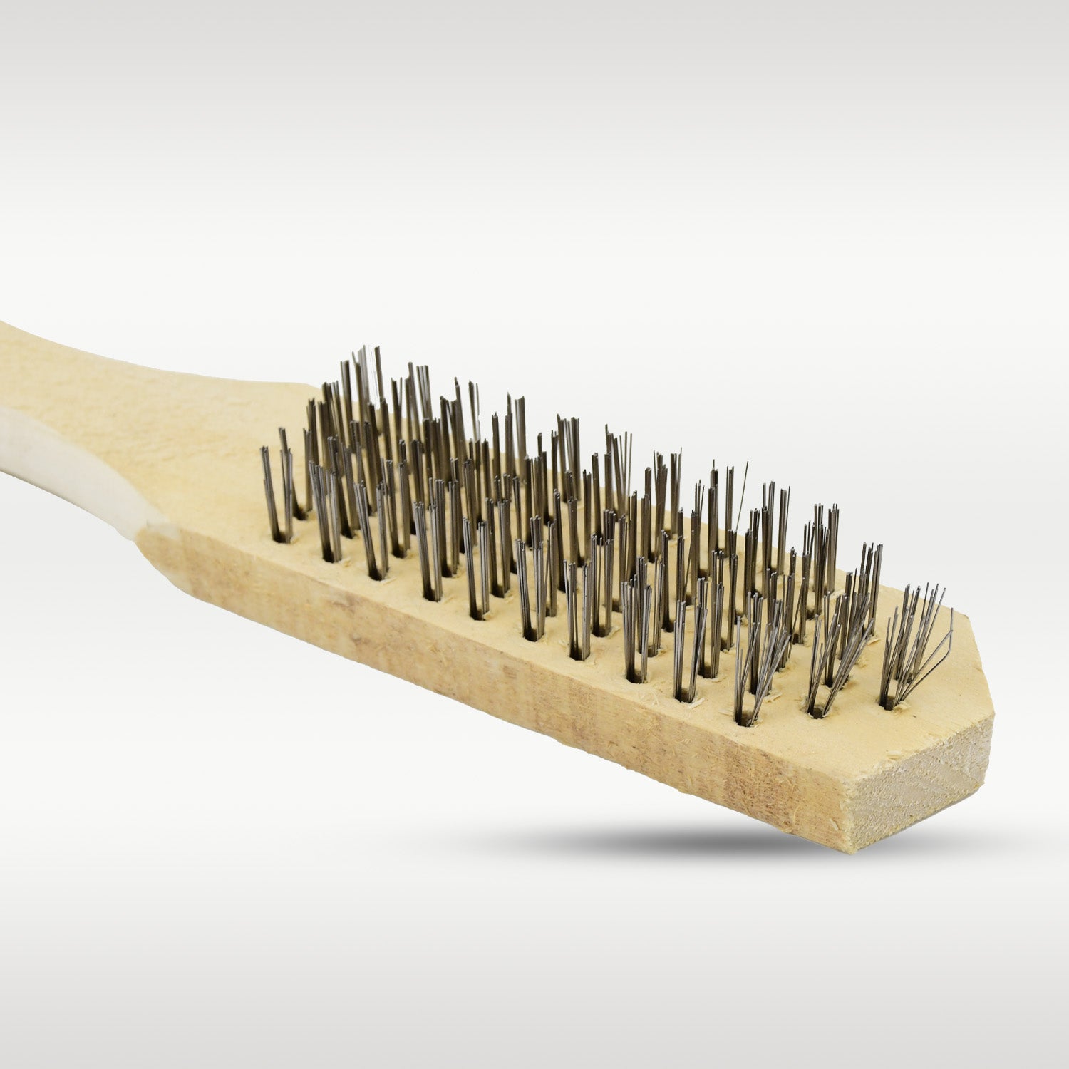 Steel wire brush with wooden handle by Wukusy, showing close-up of bristles and ergonomic wood grip for scrubbing and cleaning.
