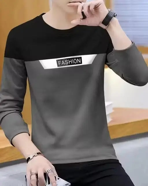 Men's Ekom round neck cotton blend full sleeve printed T-shirt, available in sizes S to XXL, shown in a stylish design.