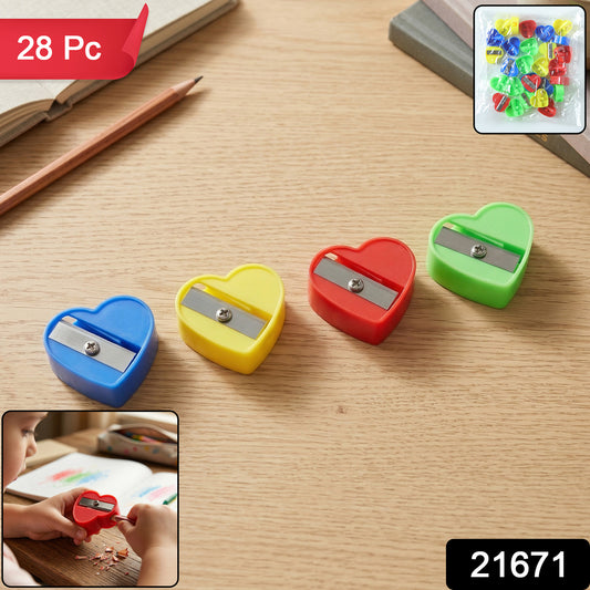 Wukusy heart-shaped pencil sharpener set with 28 colorful sharpeners arranged in a display, showcasing fun, creative design.
