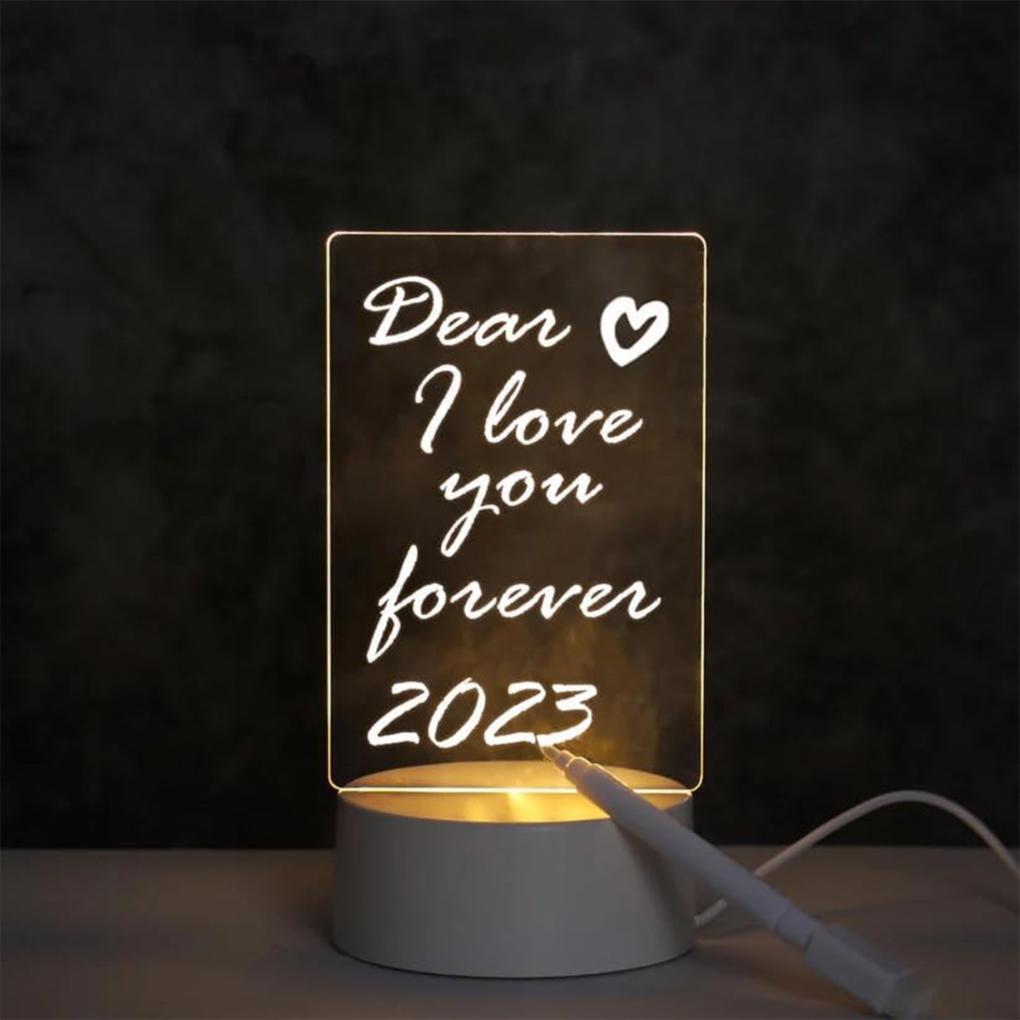 Wukusy LED acrylic message board night lamp used as modern home decor, featuring illuminated customizable message display.