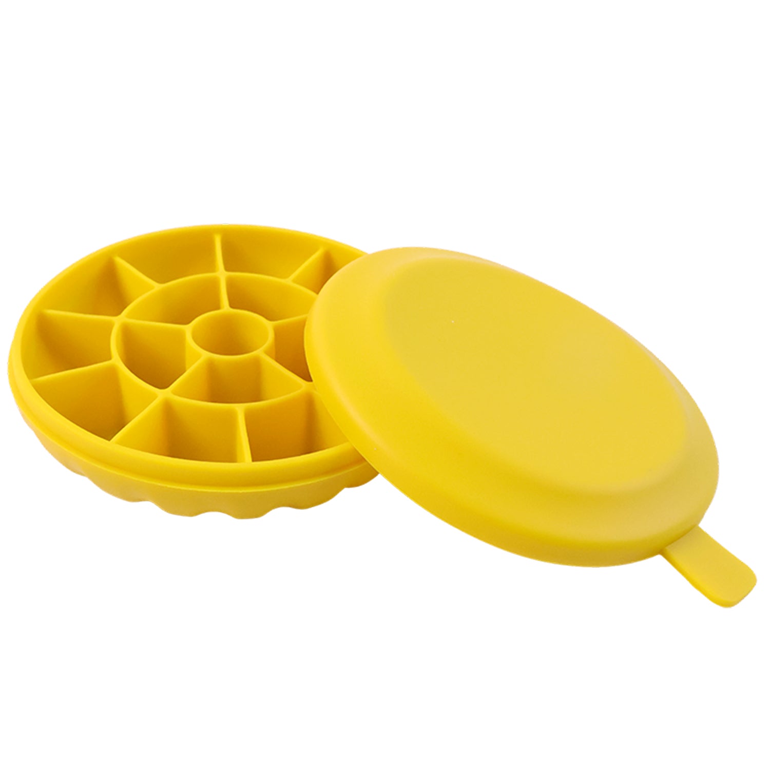 Wukusy premium round ice cube tray with lid, showing silicone mold with round ice cubes and a transparent lid for freezing.