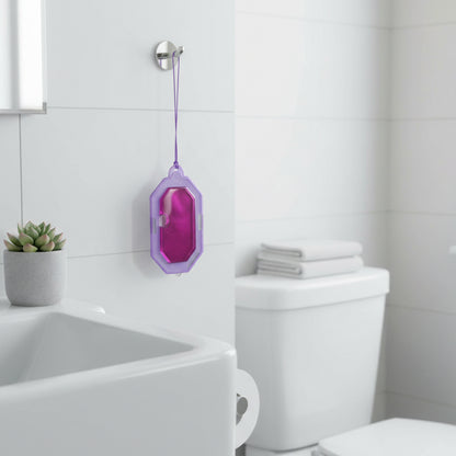 Wukusy hanging bathroom air freshener with lavender gel, 9.5g, showing the gel-filled plastic container hanging in a bathroom.