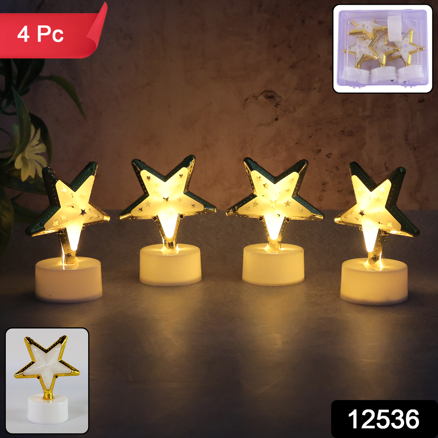 Set of four Wukusy star-shaped flameless LED candles for home decor, featuring warm light and decorative star design