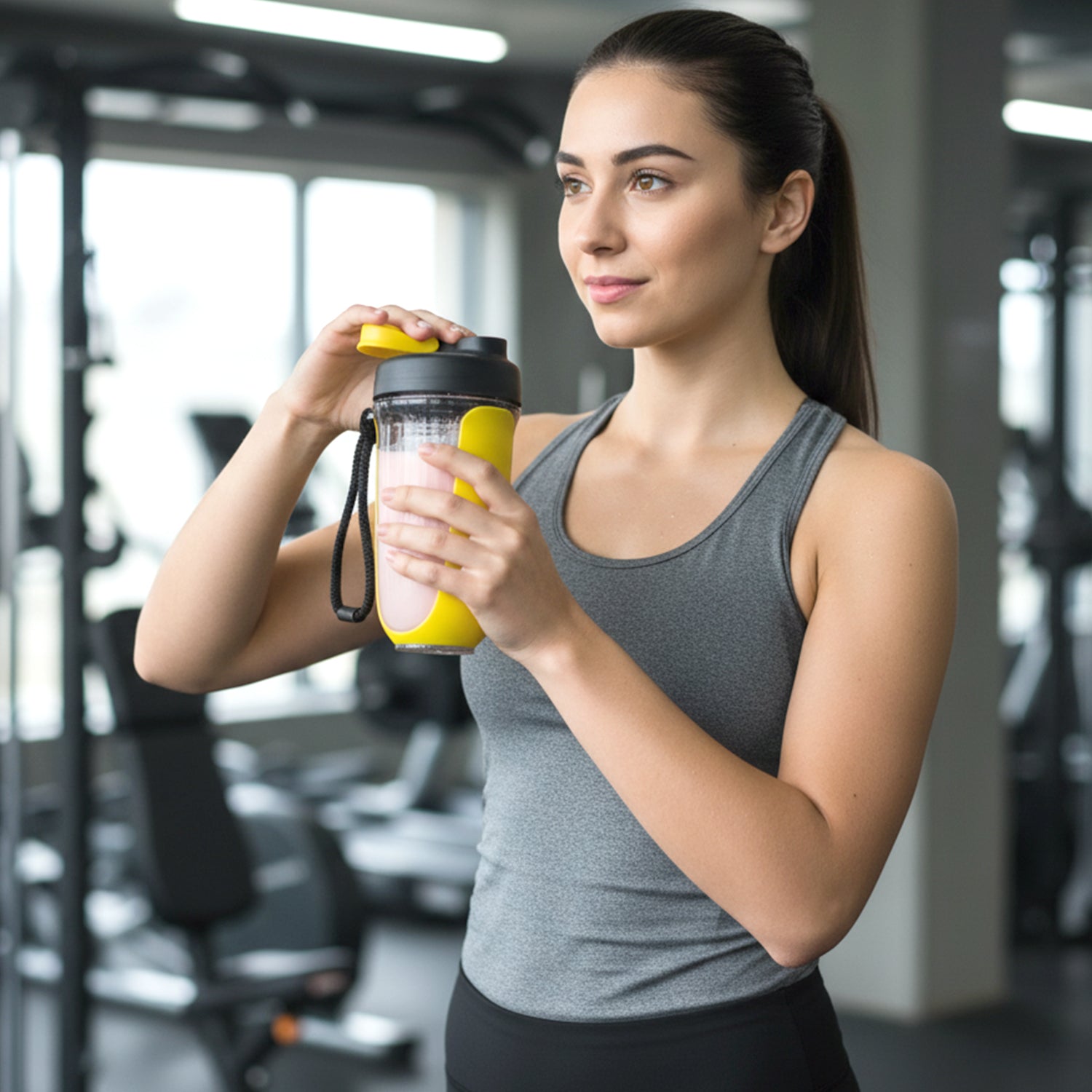 Wukusy Prexo Fit-fusion shaker bottle, 700ml capacity, clear plastic with black lid and mixing ball for protein shakes and smoothies