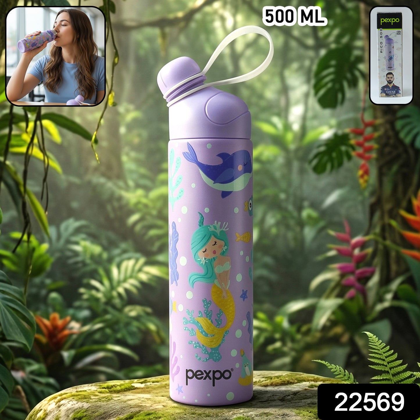 Wukusy Pexpo Pico Art stainless steel water bottle, 500ml, with printed hot and cold insulated design, featuring a sleek, modern look.