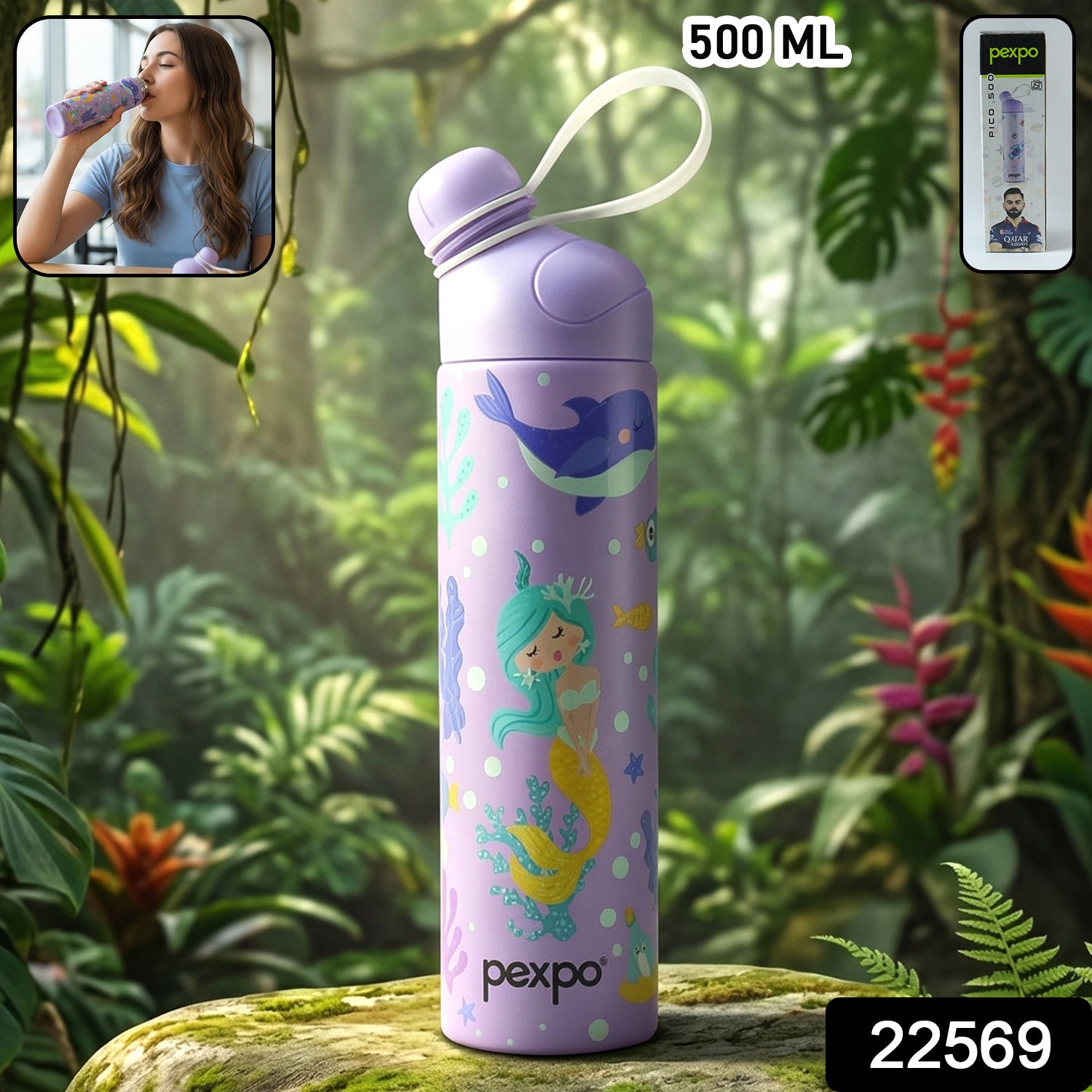 Wukusy Pexpo Pico Art stainless steel water bottle, 500ml, with printed hot and cold insulated design, featuring a sleek, modern look.