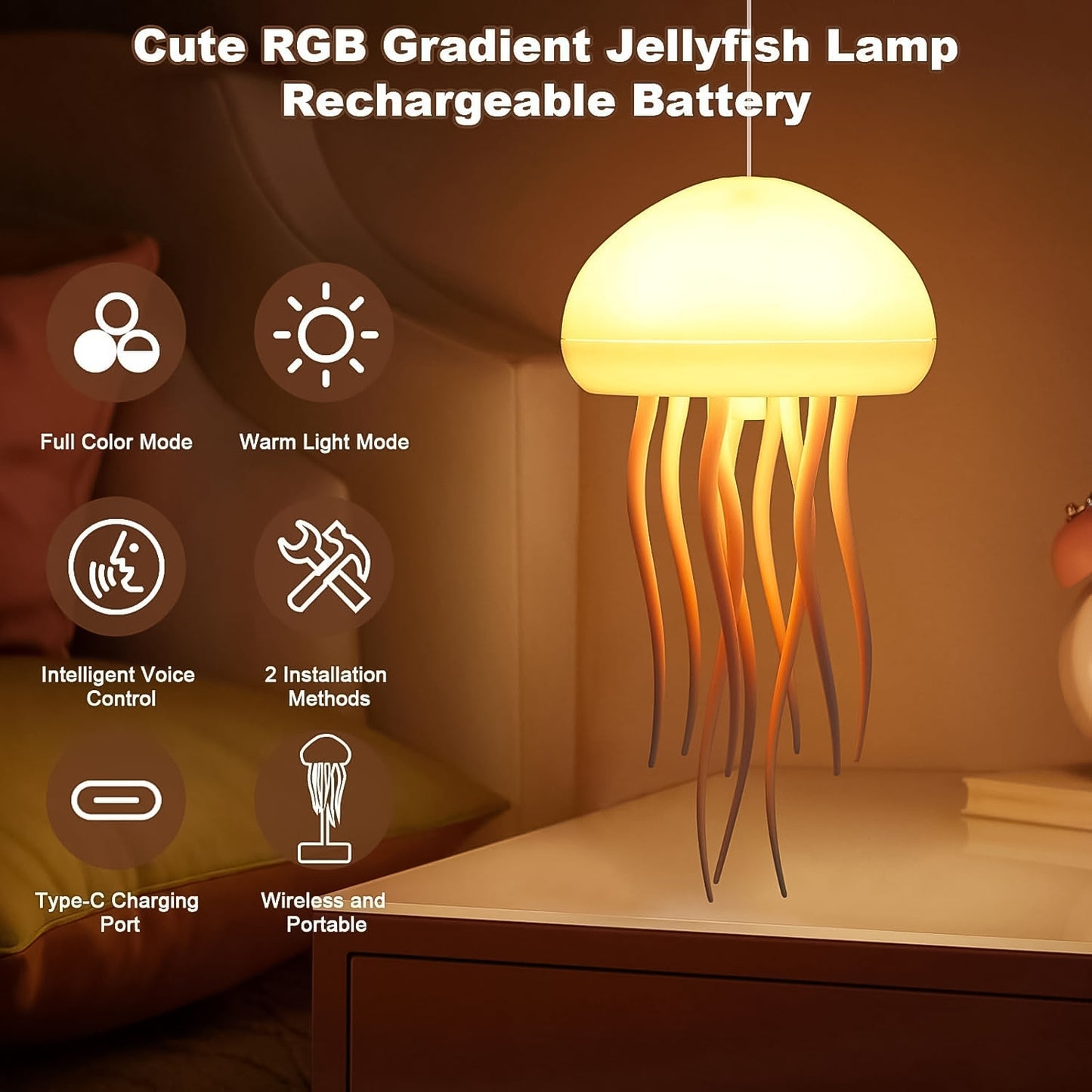 Wukusy jellyfish-shaped LED mood light lamp illuminating with soft, colorful glow, perfect for relaxing or decorative ambiance.
