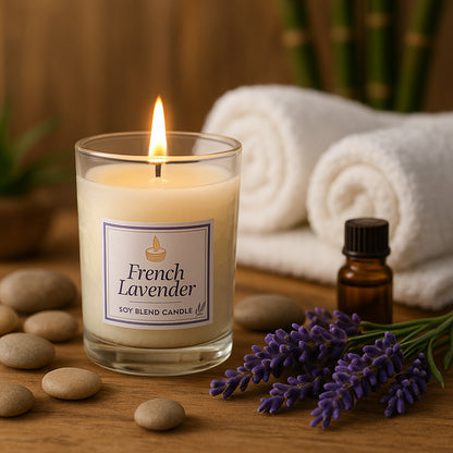 Wukusy Inlief French Lavender soy blend scented candle in glass jar, 50g, perfect for home decor and relaxing ambiance.