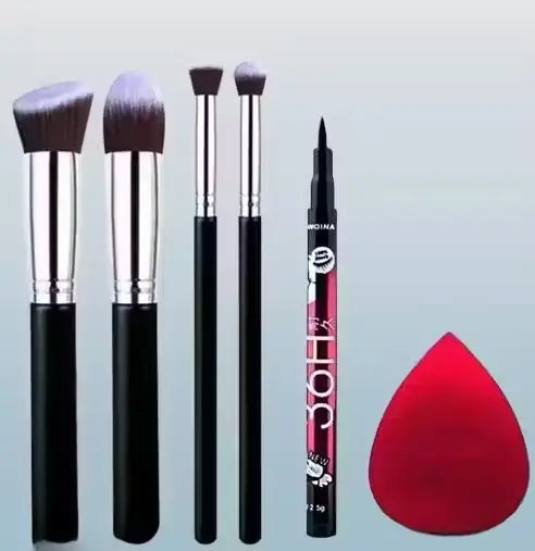 Ekom face powder and eyeshadow brush set with blender sponge, puff, and eyeliner pencil, all beauty tools for makeup application