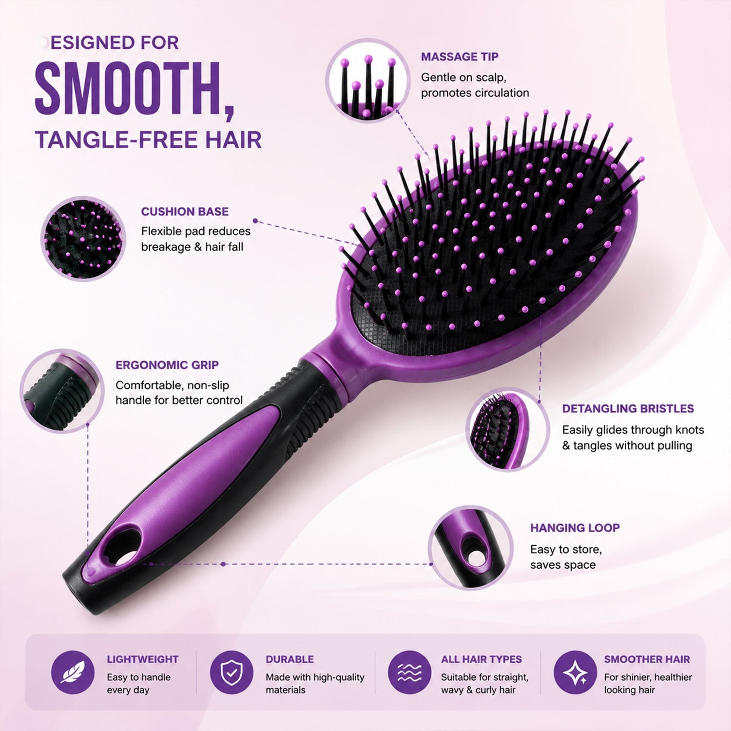 Wukusy cushioned paddle hair brush with ball tip bristles for men and women, showing the brush's soft cushion and flexible bristles.
