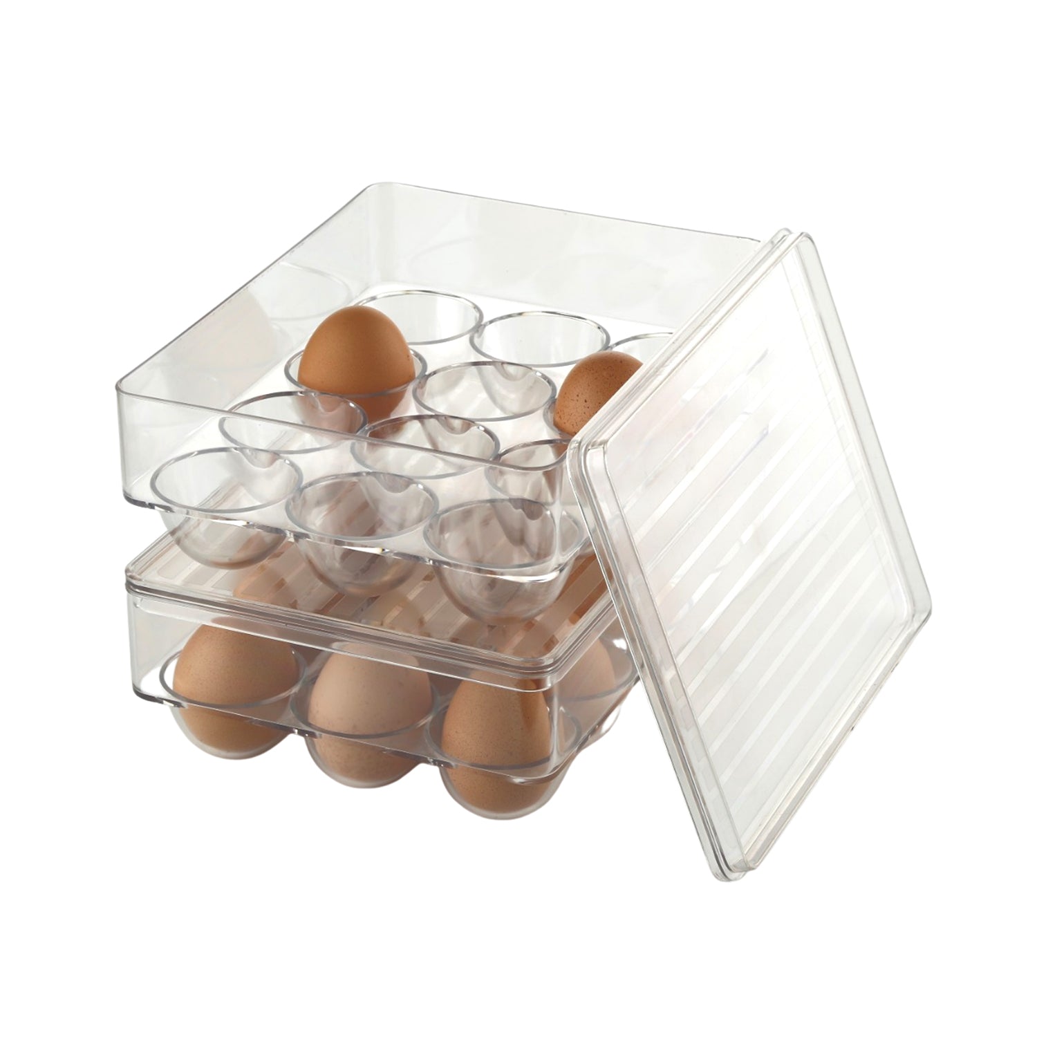 Wukusy 12-cavity egg storage box for organizing and safely holding eggs in the kitchen. Durable plastic kitchen tool.