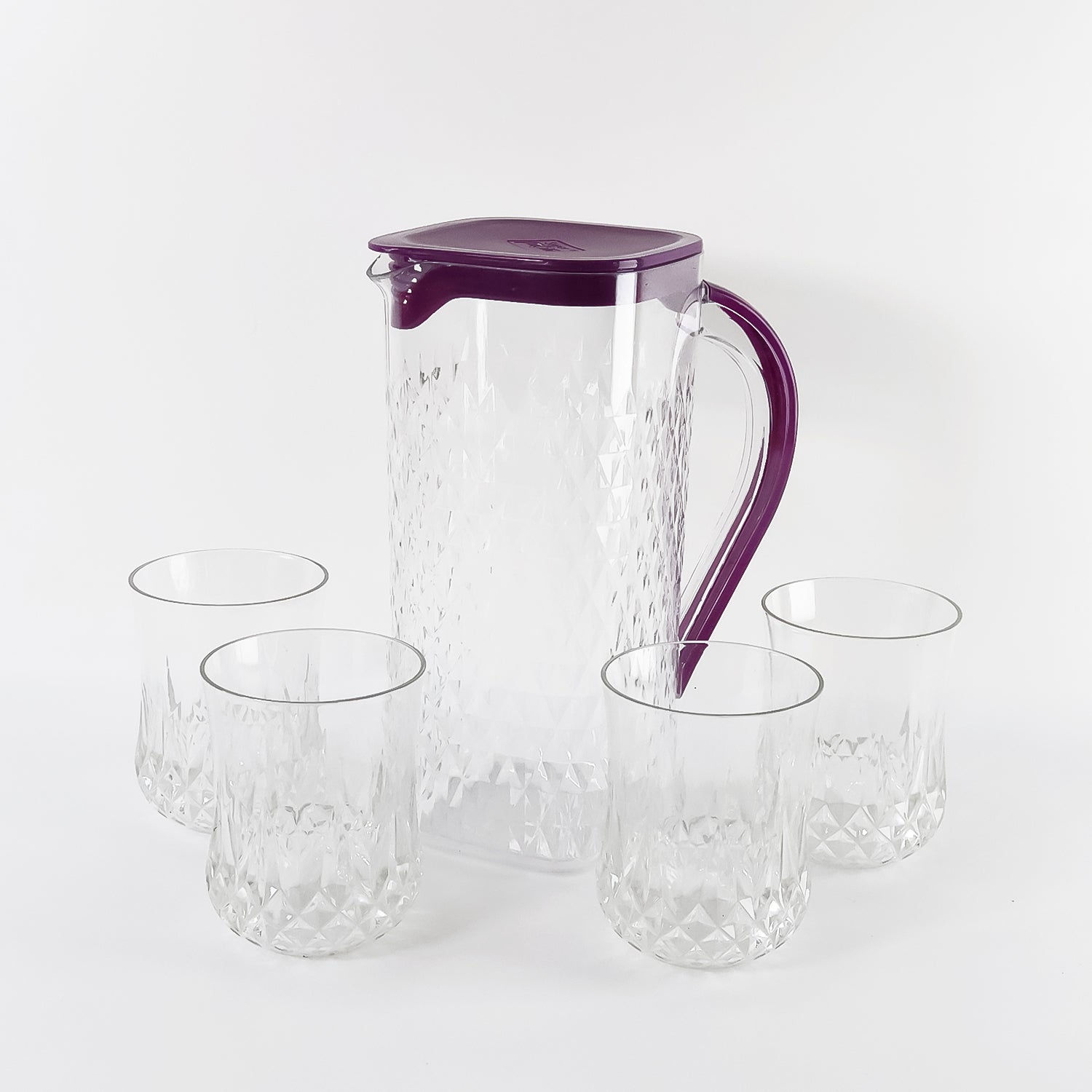 Wukusy Supermom Roma plastic jug and glass set with five pieces, including a large jug and matching glasses for home and kitchen use.