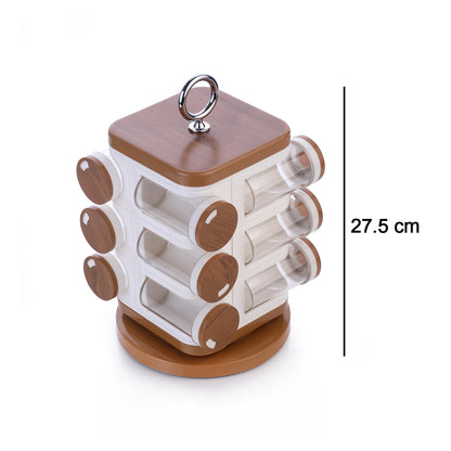 Wukusy 8118 Ganesh 12-jar revolving spice rack with labeled masala boxes for organized kitchen spice storage.