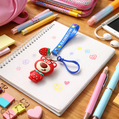 Wukusy cute teddy bear keychain with rainbow strap, featuring a plush teddy bear attached to a colorful, adjustable keyring.