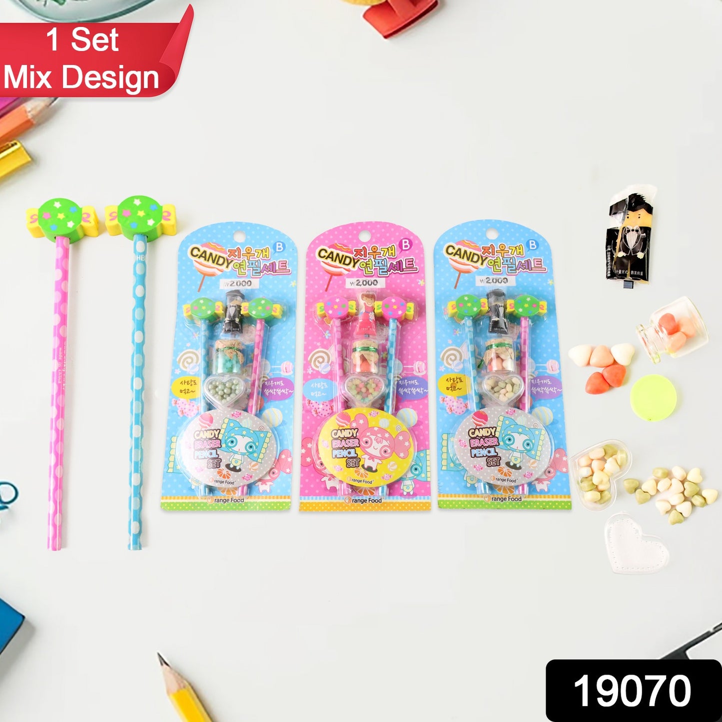 Wukusy fun candy design pencil set with colorful pencils and accessories for office or school use, featuring mix candy-inspired patterns.