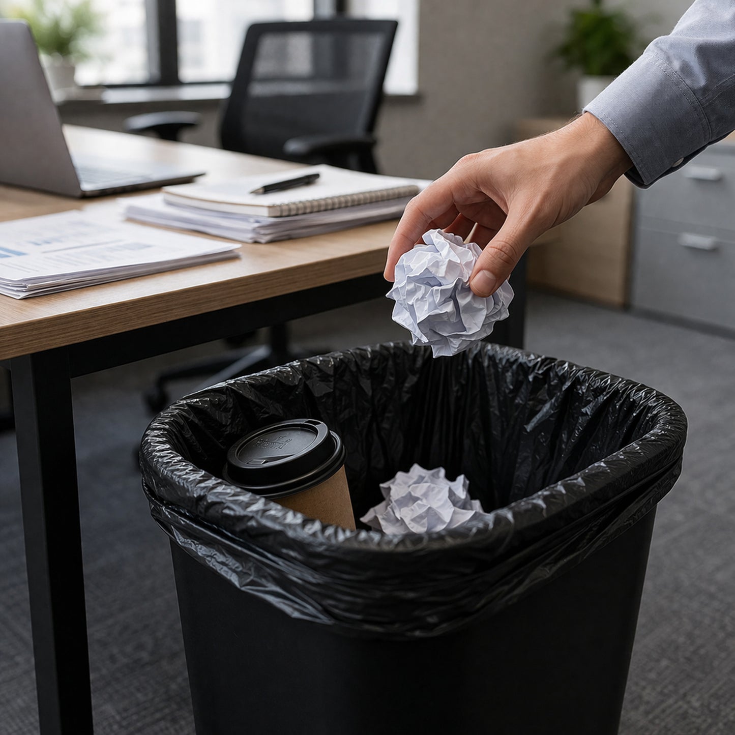 Wukusy heavy-duty garbage bags roll with 30 black trash bags measuring 45x55 cm, durable for tough waste disposal.