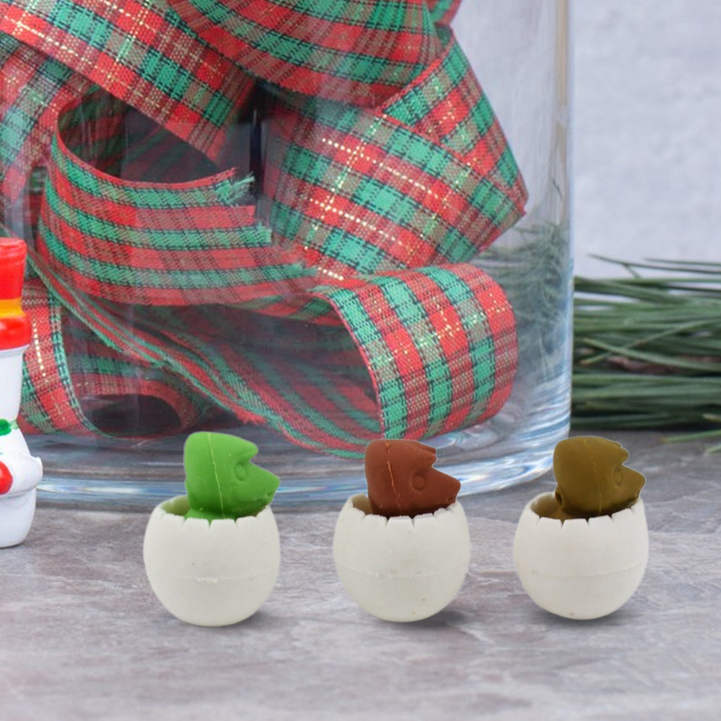 Set of 5 Wukusy dinosaur-shaped erasers featuring egg and puzzle designs, perfect as kids' desk toys or classroom rewards.