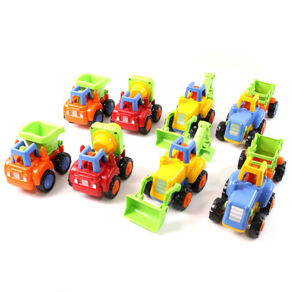 Wukusy Funwoods Itsy Bitsy Construction Vehicle Toy Set for Kids, 8-piece set with colorful miniature construction trucks and tools.