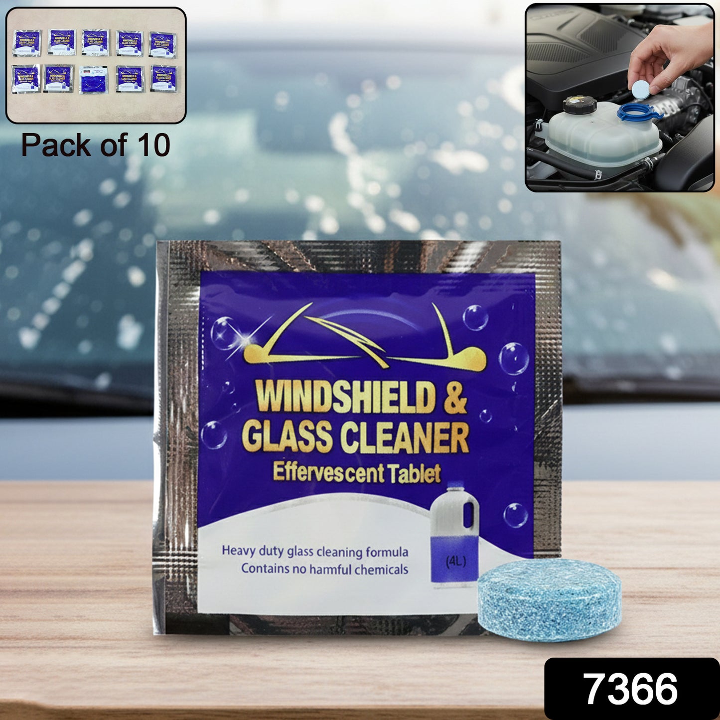 Wukusy car wiper detergent effervescent tablets, pack of 10, shown in a clear container with tablets ready for cleaning vehicle windshields.