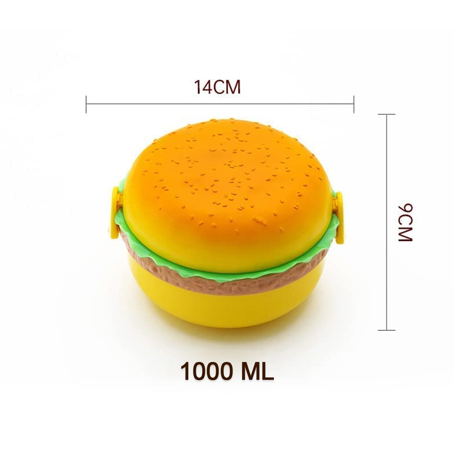Wukusy burger shape double-layer plastic lunch box with 1000ml capacity, includes 2 spoons, suitable for kids and students.
