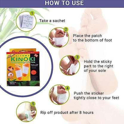 Wukusy Kinoki Cleansing Detox Foot Pads with ginger and salt on white foot patches, 10-piece pack, free size, white color.