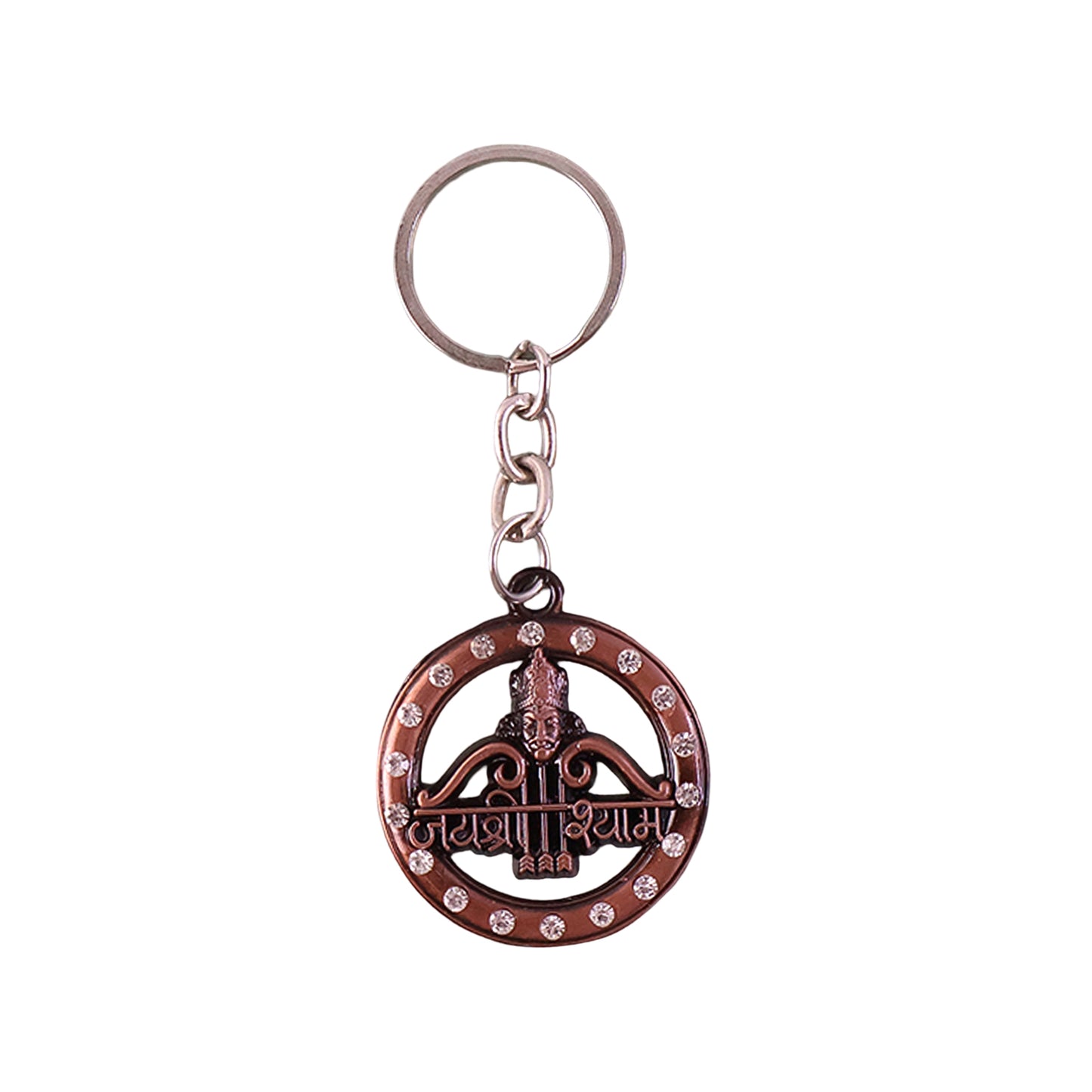 Decorative metal Jai Shree Shyam keychain by Wukusy featuring intricate metal craftsmanship and religious symbol design.