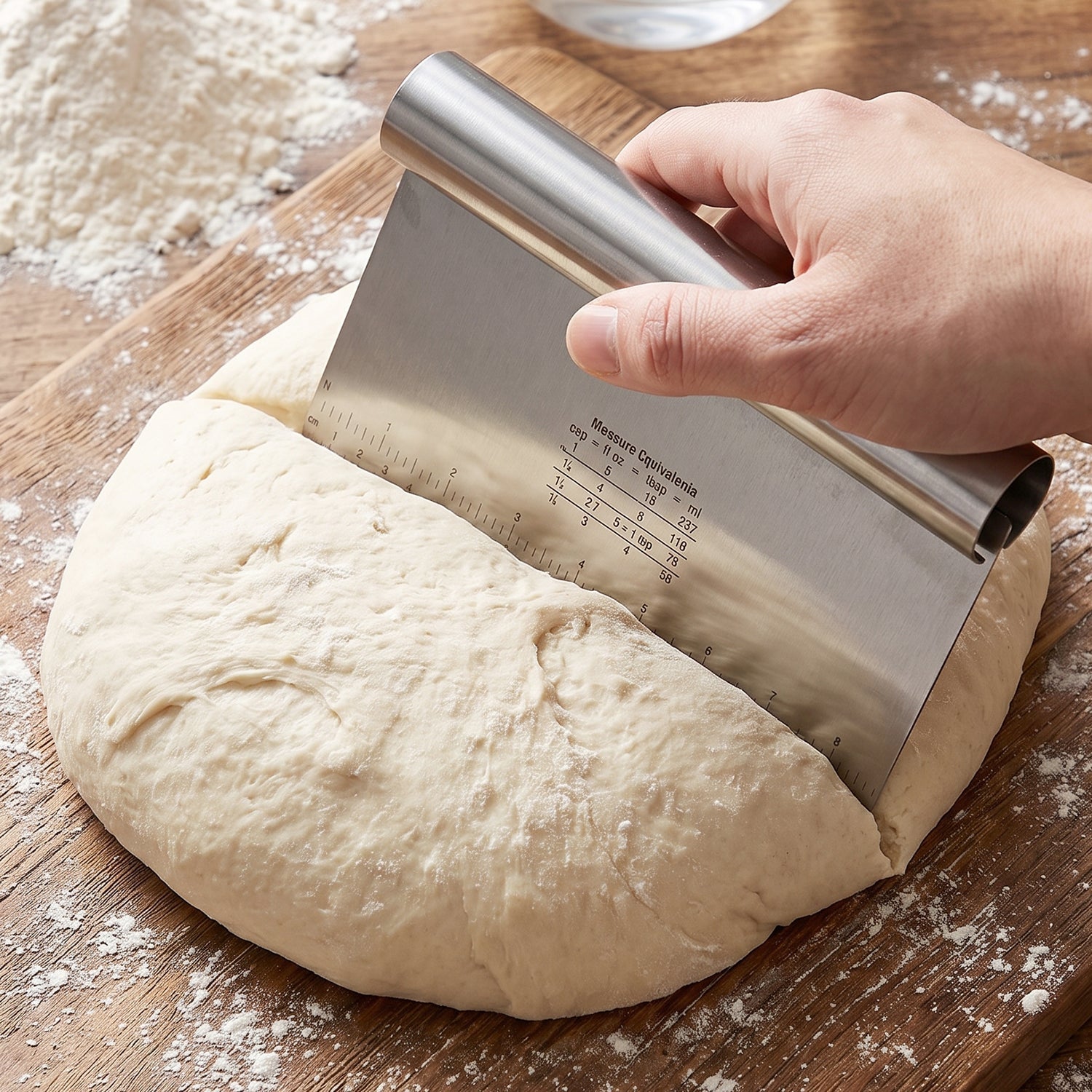 Wukusy stainless steel dough scraper cutter with scale, 22x12 cm, showing a sturdy, shiny kitchen tool for baking and dough handling.
