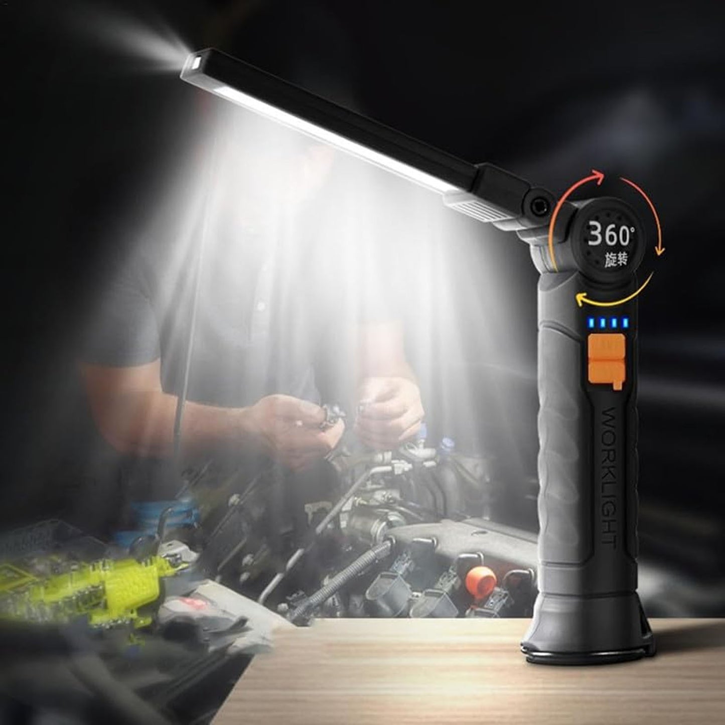 Wukusy compact rechargeable LED work light with adjustable arm and magnetic base, providing versatile illumination for work projects
