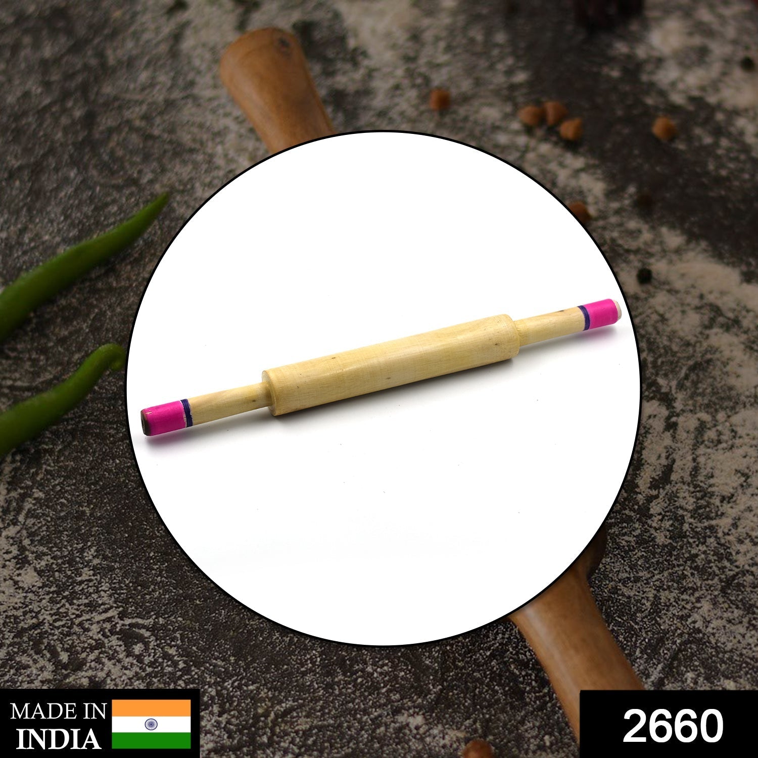 Wukusy wooden belan for making rotis and other home kitchen tasks, round rolling pin crafted from smooth wood.