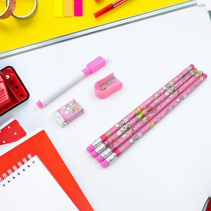 Wukusy 4299 stationery kit for kids with wooden pencil sharpener, eraser, small diary, and school supplies in an 8-piece set.