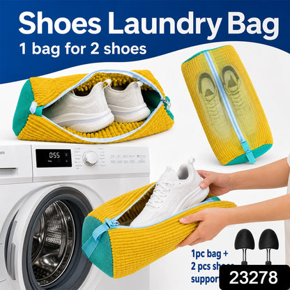 Wukusy shoe laundry wash bag with two shoe supports, designed for washing machine use, shown with shoes inside the bag.