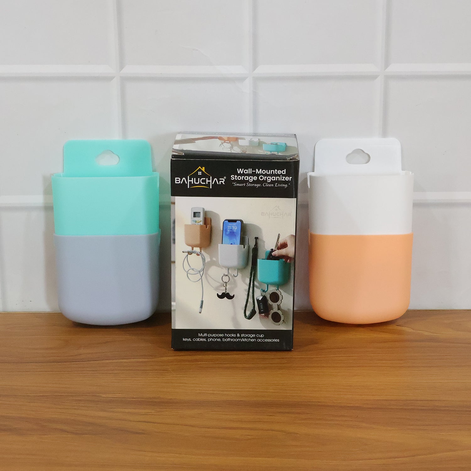Wukusy multi-purpose plastic wall-mounted mobile charging holder set with four versatile storage and charging compartments.